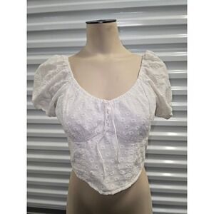 Hollister White Embroidered Medium Puff Sleeve Crop Top Smocked Boho Cottagecore